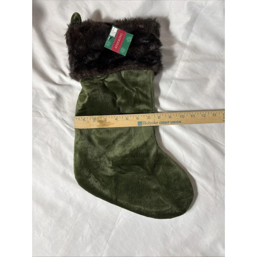 NEW OLIVE GREEN CHRISTMAS STOCKING BROWN FAUX FUR CUFF 18